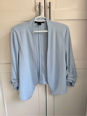 Belle Vere Light Blue Open Front Ruched 3/4 Sleeve Blazer Size M